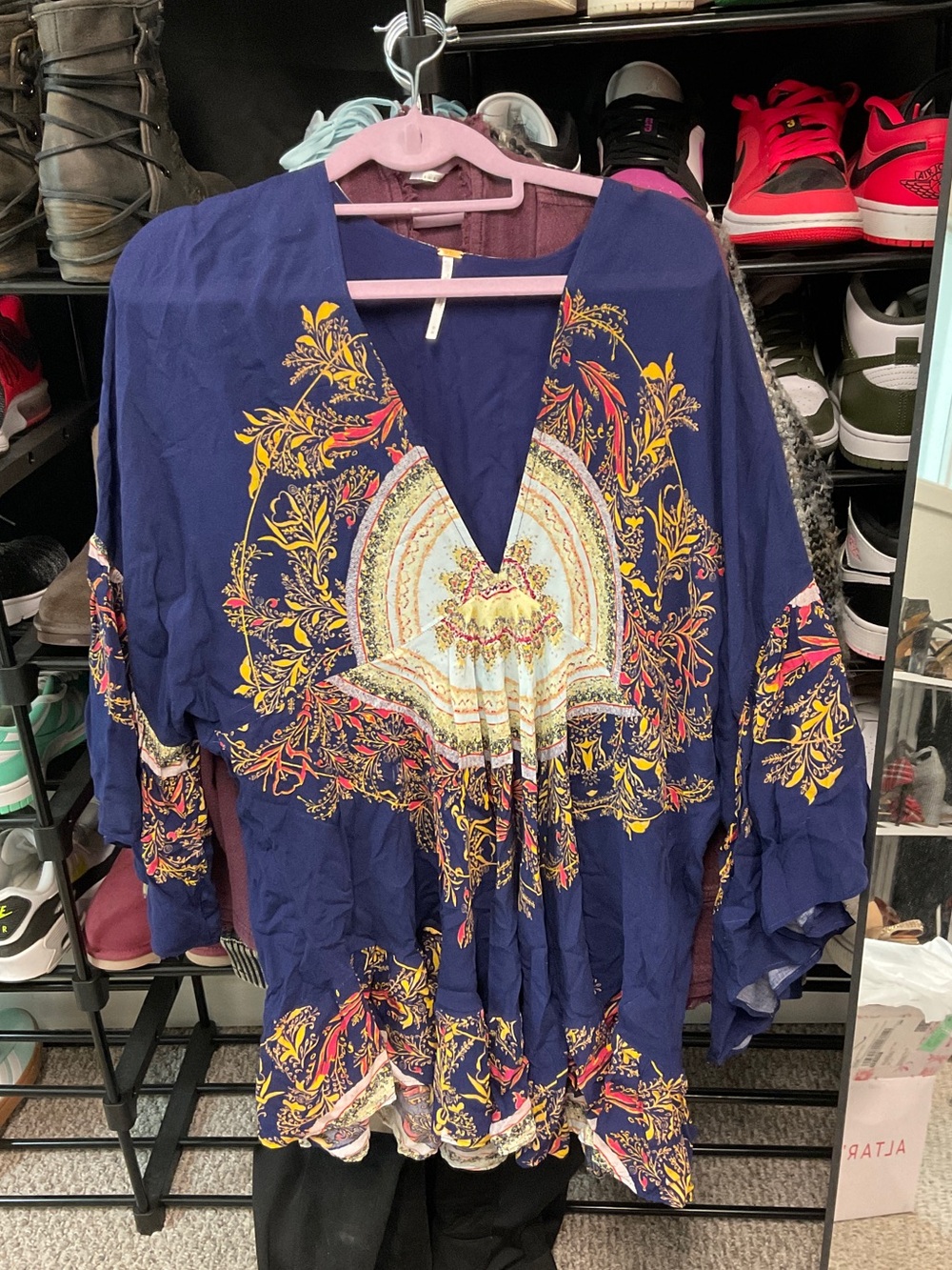 Free People Navy Boho Floral V-Neck Peasant Top with Yellow Accents